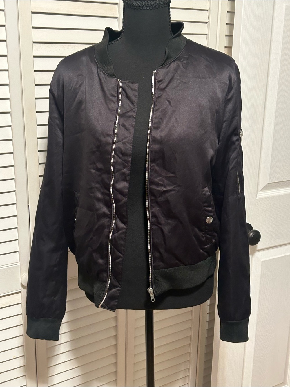 Ambiance Black Satin Bomber Jacket with Ribbed Trim